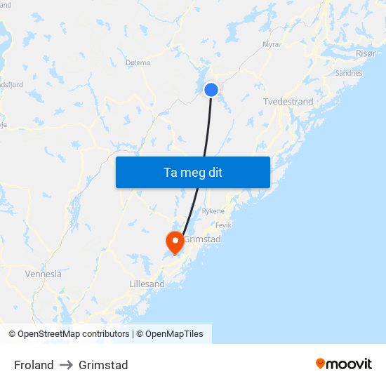 Froland to Grimstad map