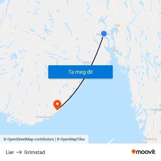 Lier to Grimstad map