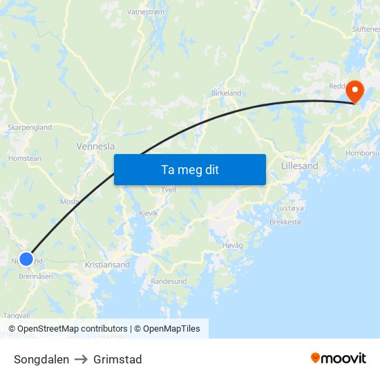 Songdalen to Grimstad map