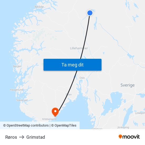 Røros to Grimstad map