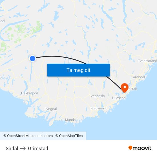 Sirdal to Grimstad map