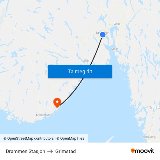 Drammen Stasjon to Grimstad map