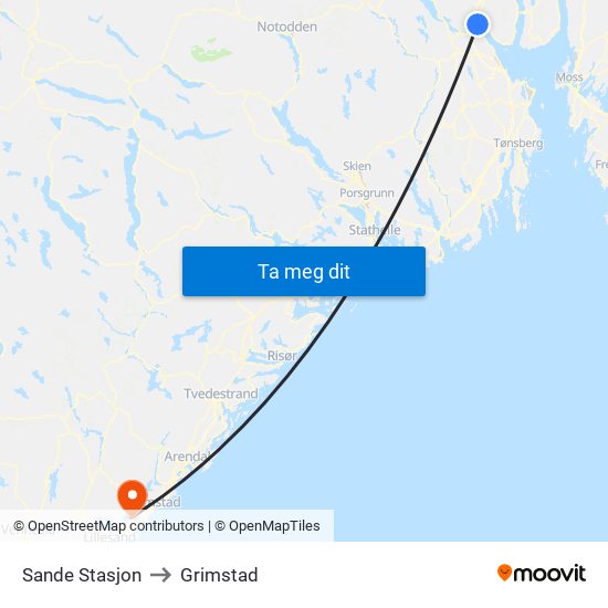 Sande Stasjon to Grimstad map