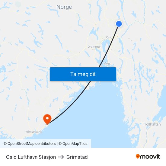 Oslo Lufthavn Stasjon to Grimstad map