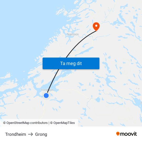 Trondheim to Grong map