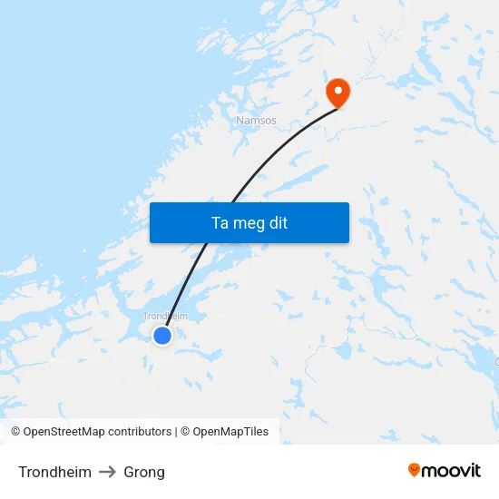 Trondheim to Grong map