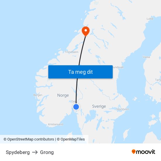 Spydeberg to Grong map