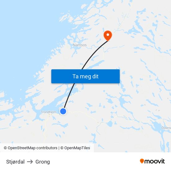 Stjørdal to Grong map
