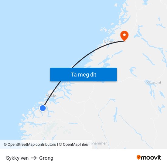 Sykkylven to Grong map