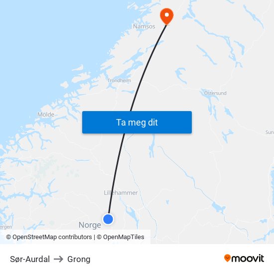 Sør-Aurdal to Grong map