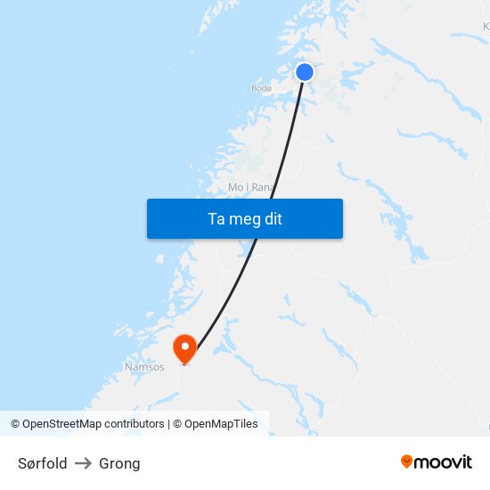Sørfold to Grong map