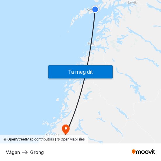 Vågan to Grong map