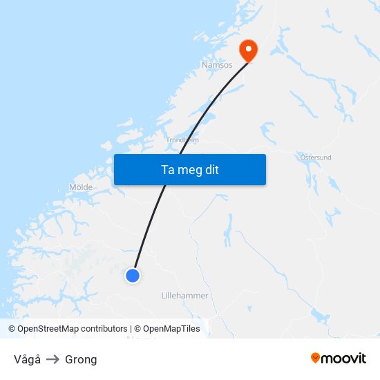 Vågå to Grong map