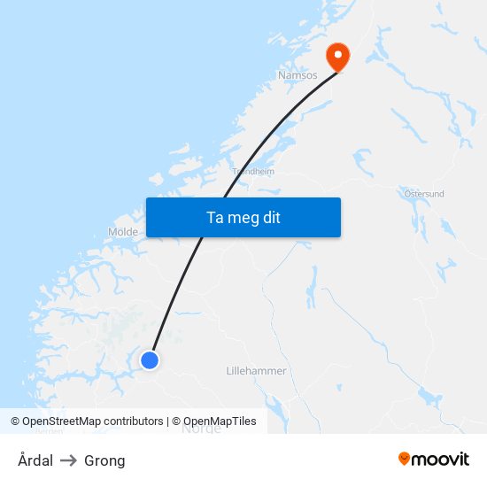 Årdal to Grong map