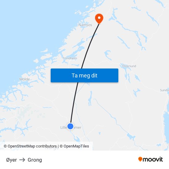 Øyer to Grong map