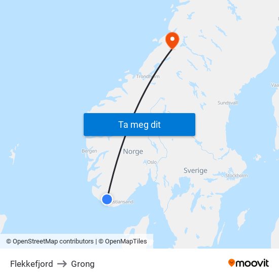 Flekkefjord to Grong map