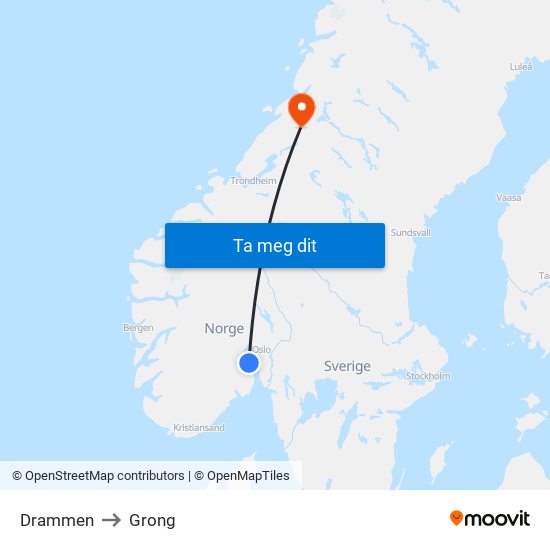 Drammen to Grong map
