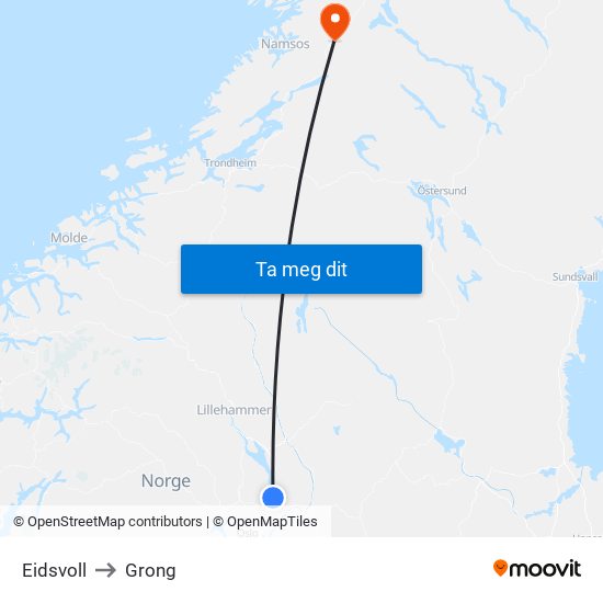 Eidsvoll to Grong map