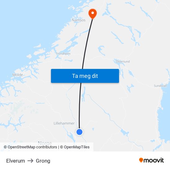 Elverum to Grong map