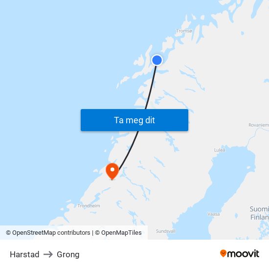 Harstad to Grong map