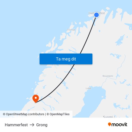 Hammerfest to Grong map