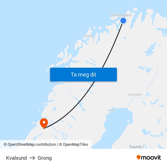 Kvalsund to Grong map