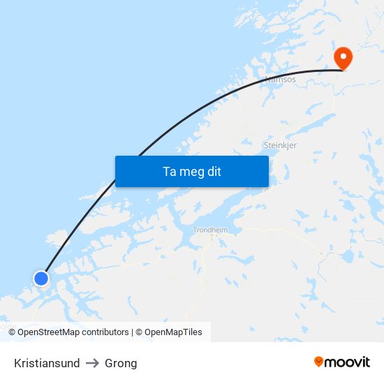 Kristiansund to Grong map