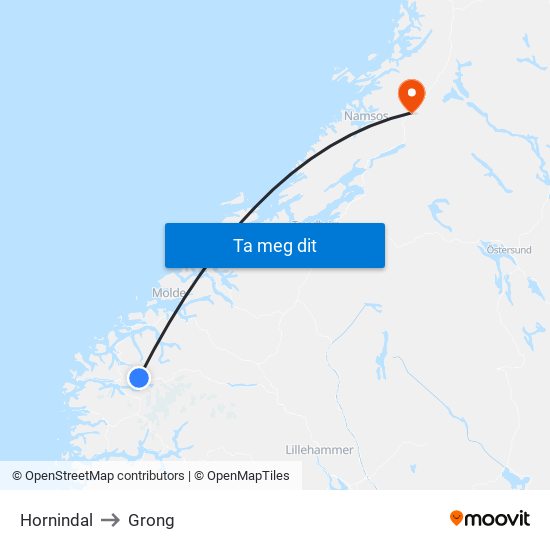 Hornindal to Grong map