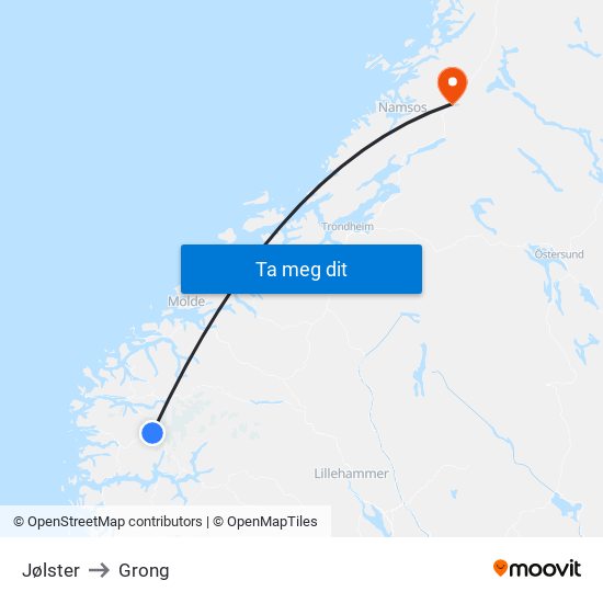 Jølster to Grong map