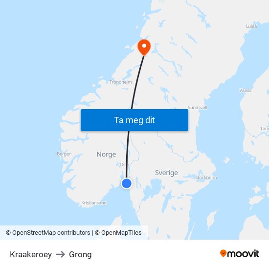 Kraakeroey to Grong map