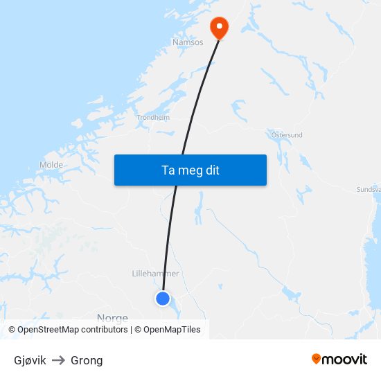 Gjøvik to Grong map