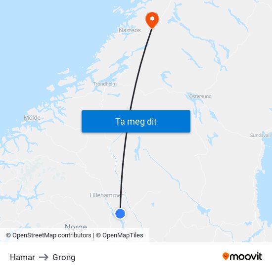 Hamar to Grong map