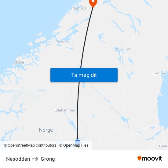 Nesodden to Grong map