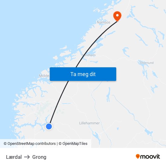 Lærdal to Grong map