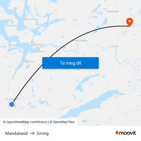 Mandalseid to Grong map