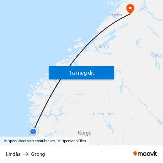 Lindås to Grong map