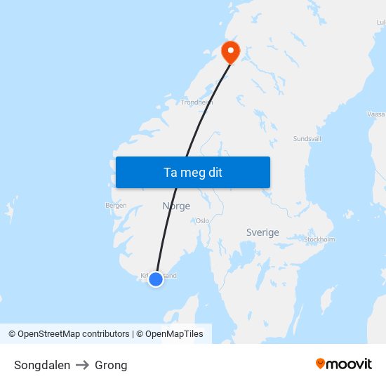 Songdalen to Grong map