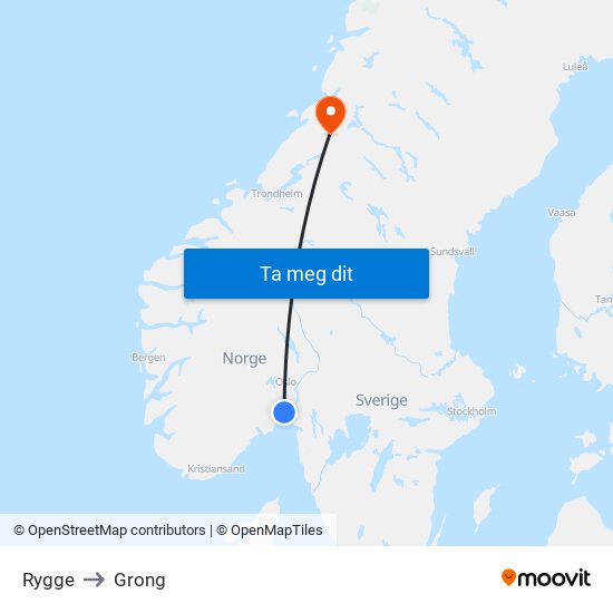 Rygge to Grong map