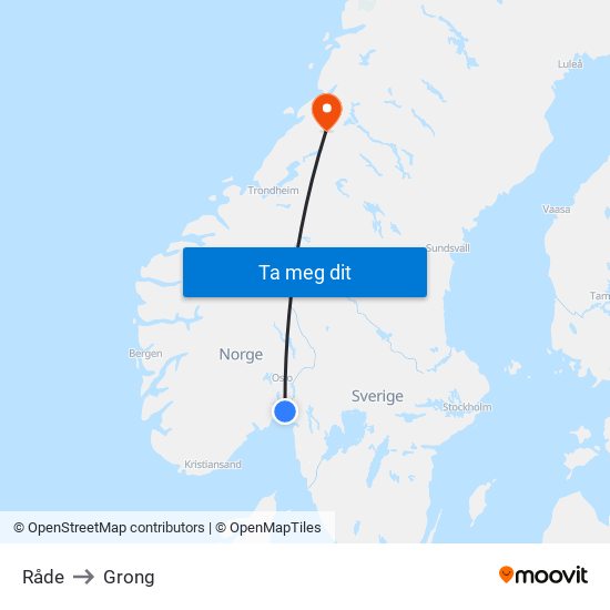 Råde to Grong map