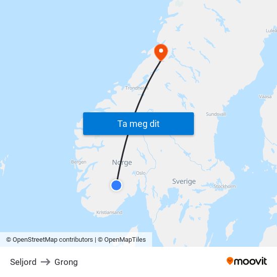 Seljord to Grong map