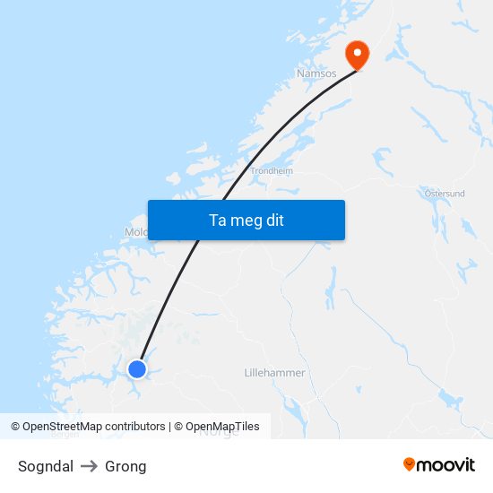 Sogndal to Grong map