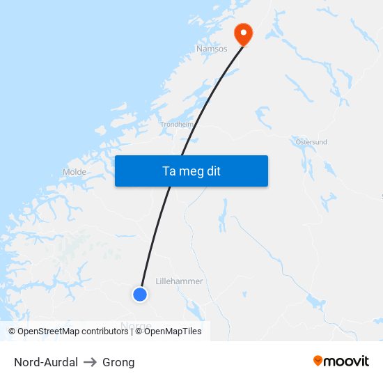 Nord-Aurdal to Grong map
