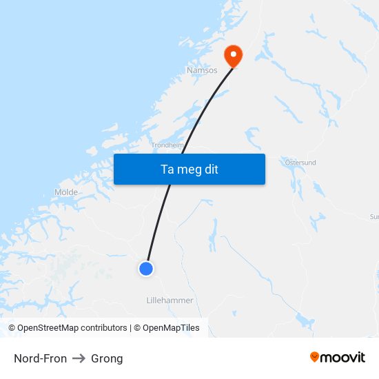 Nord-Fron to Grong map