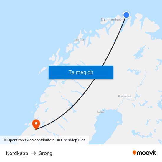 Nordkapp to Grong map