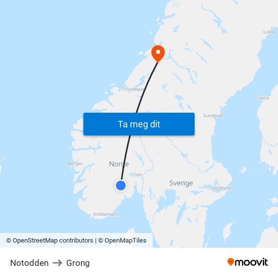 Notodden to Grong map