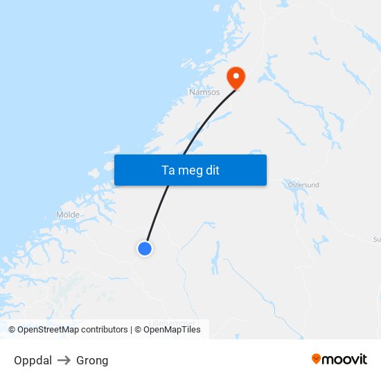 Oppdal to Grong map