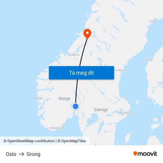 Oslo to Grong map