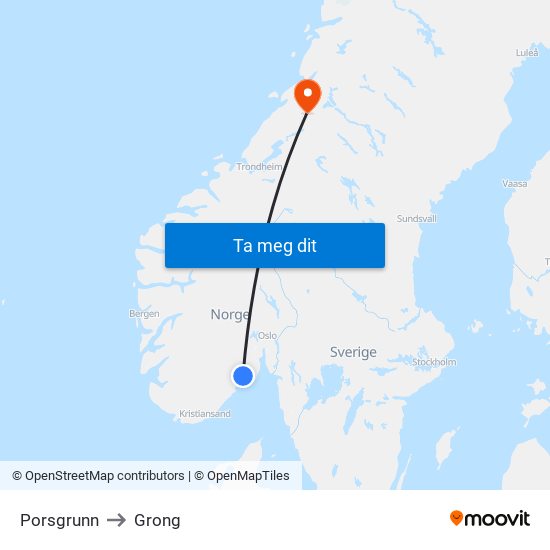 Porsgrunn to Grong map