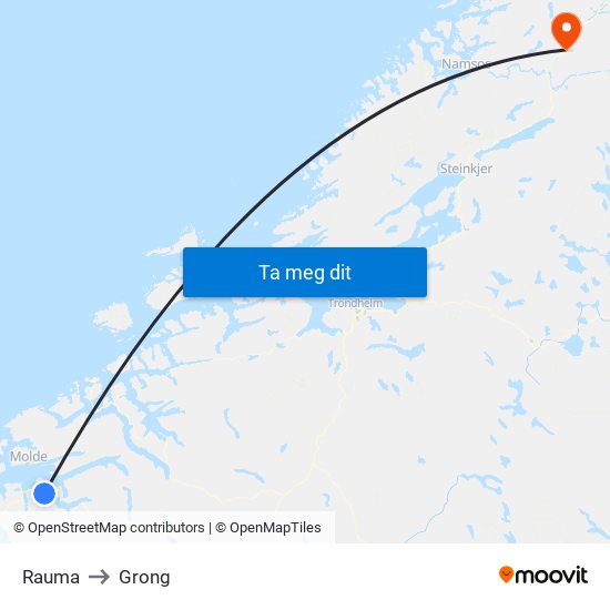 Rauma to Grong map