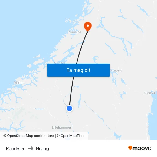Rendalen to Grong map